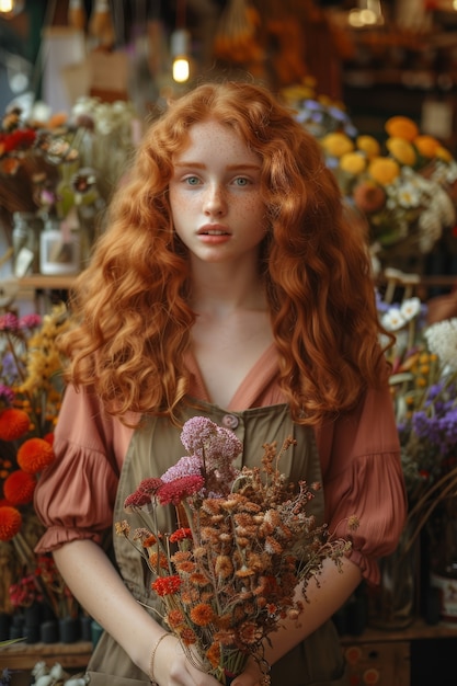 Foto gratuita ritratto di una donna che lavora in un negozio di fiori secchi