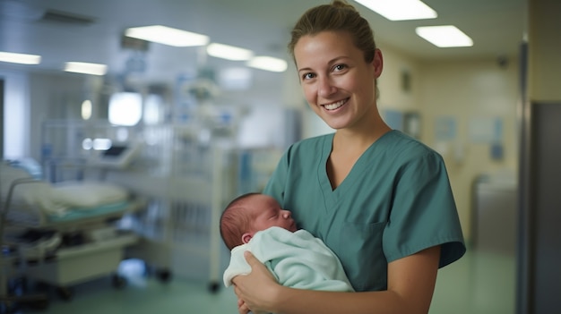 Portrait of working nurse holding newborn baby