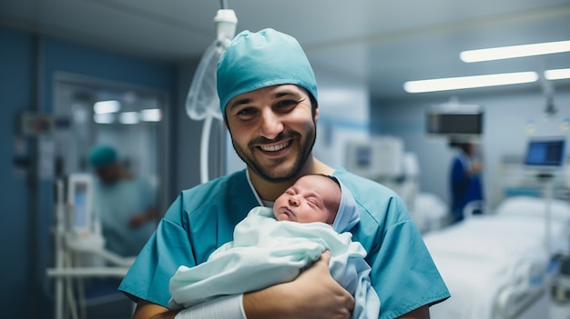 Portrait of working nurse holding newborn baby