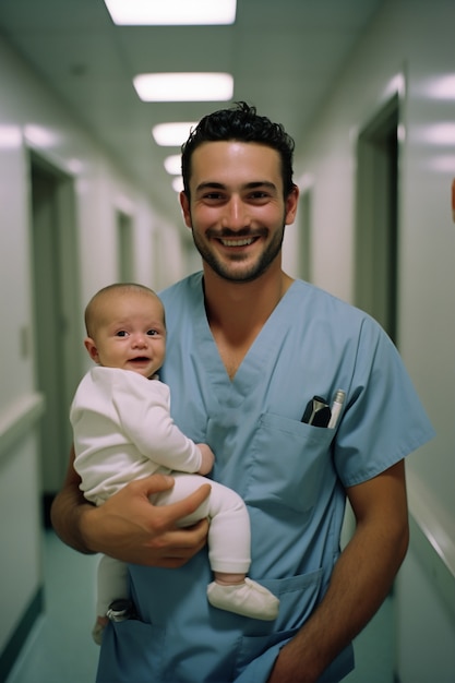 Free photo portrait of working nurse holding newborn baby