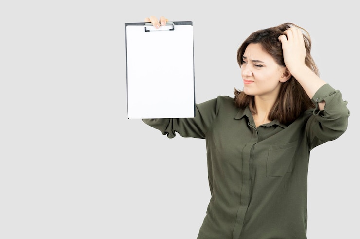 Free Photo portrait of young adorable woman showing blank clipboard. high quality photo