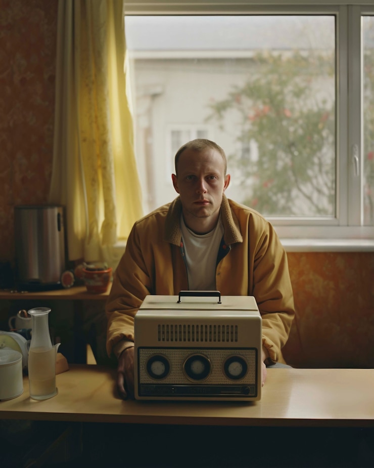 Free Photo portrait of young adult listening to the radio transmission