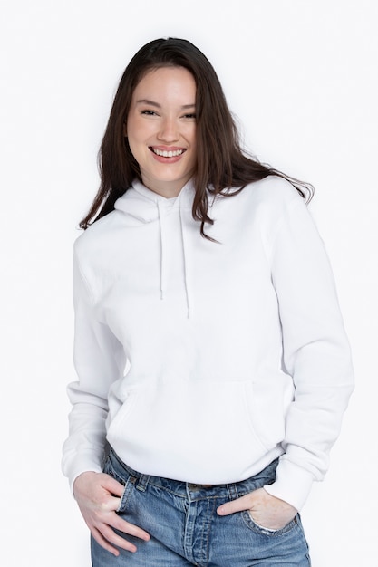 Free photo portrait of young adult wearing hoodie mockup