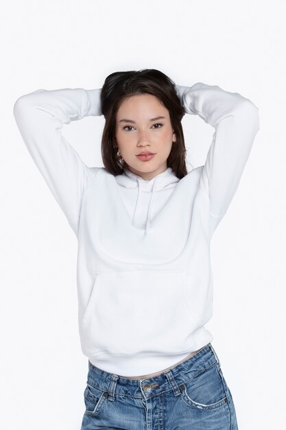 Portrait of young adult wearing hoodie mockup