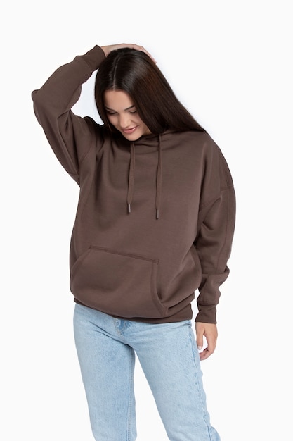 Free photo portrait of young adult wearing hoodie mockup