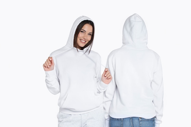 Free photo portrait of young adults wearing hoodie mockup