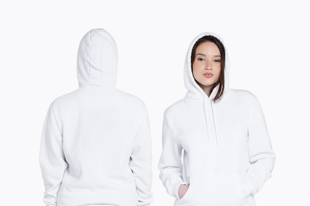 Portrait of young adults wearing hoodie mockup