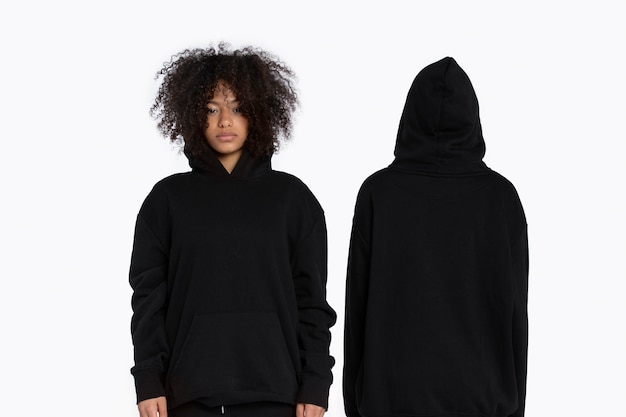 Portrait of young adults wearing hoodie mockup
