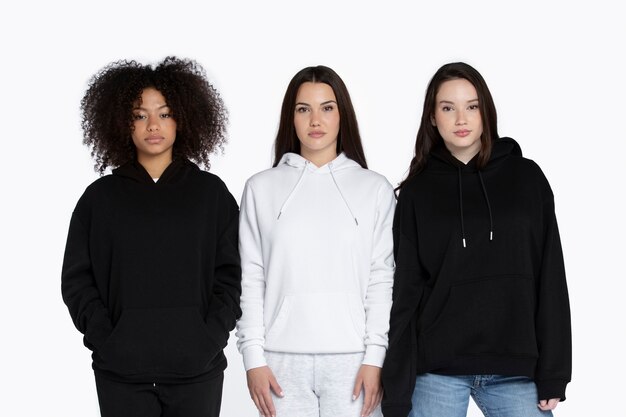 portrait of young adults wearing hoodie mockup
