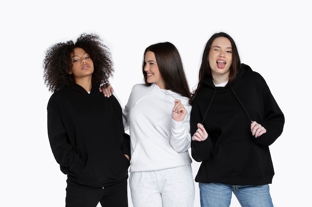 Free photo portrait of young adults wearing hoodie mockup