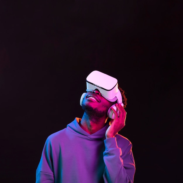 Portrait young african american man with vr glasses