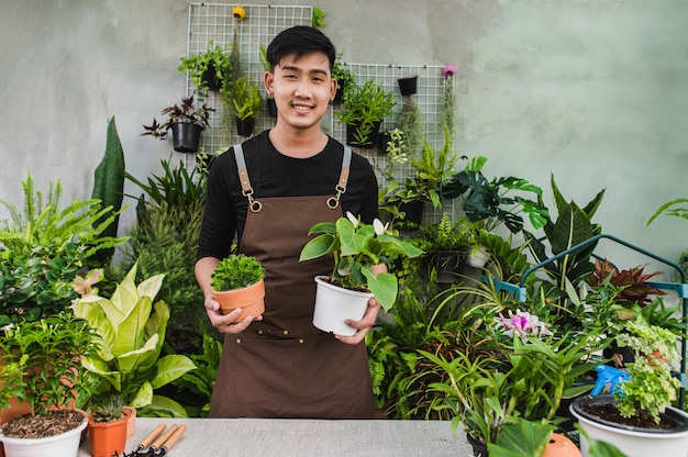 초상화 젊은 아시아 정원사 남자가 서서 두 개의 아름다운 관엽식물을 손에 들고 미소를 지으며 카메라를 바라보고 있습니다.