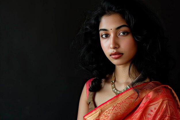 サリーを持つ若い美しいインド女性の肖像画