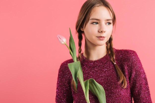 Portrait of young beautiful smiling girl with two braids in sweater holding one tulip in hand while dreamily looking aside over pink background