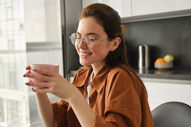 Free Photo portrait of young beautiful woman relaxing with cup of fresh aroma coffee holding mug and sitting in