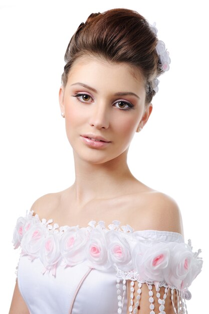 Portrait of young beauty bride with style hairstyle and make-up