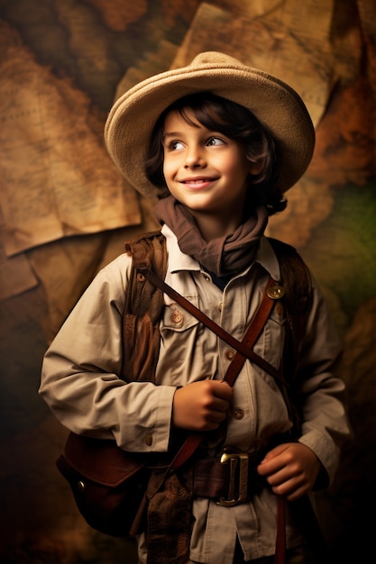 Free photo portrait of young boy in explorer costume