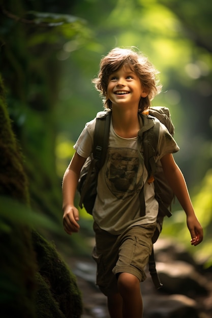 Free photo portrait of young boy on a hike