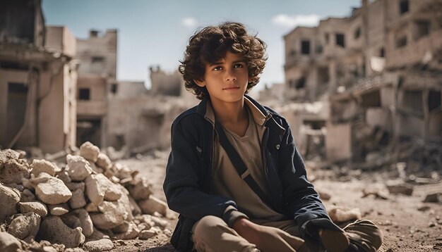 Foto gratuita ritratto di un ragazzino seduto sulle rovine di una vecchia città