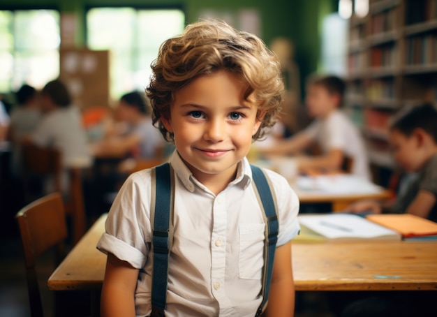 Portrait of young boy student attending school
