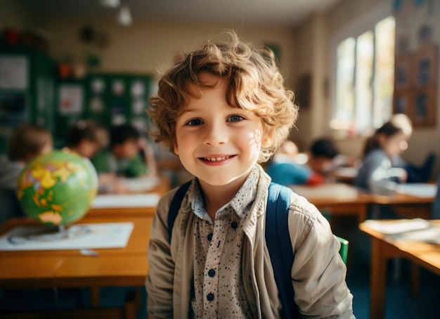 Portrait of young boy student attending school