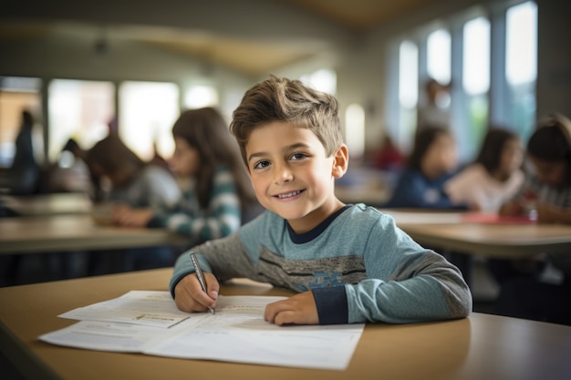 Free photo portrait of young boy student attending school