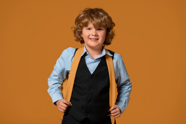 Free Photo portrait of young boy student in school uniform