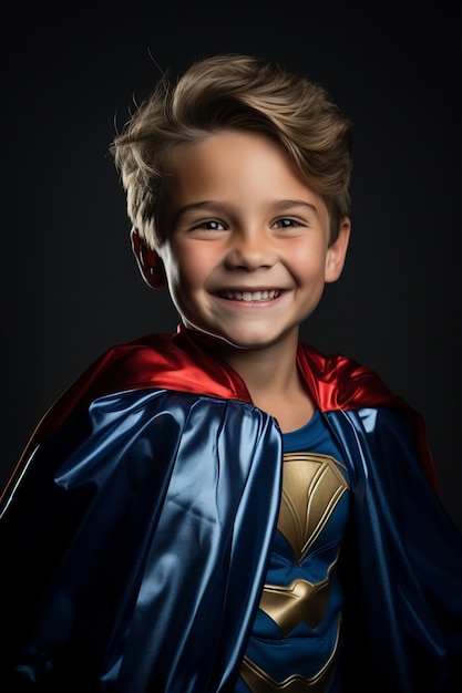 Free photo portrait of young boy in superman costume