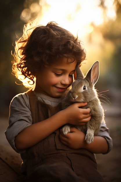 Free photo portrait of young boy with bunny