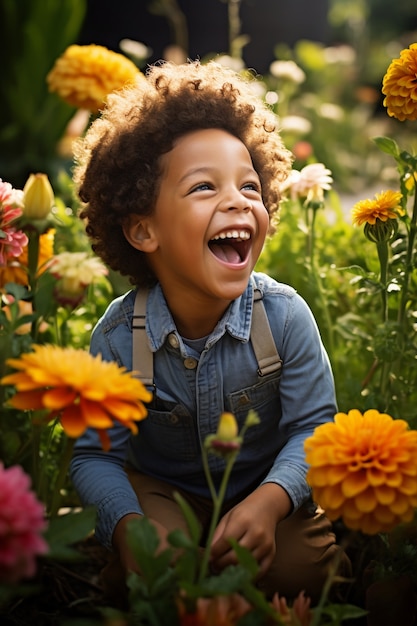 Portrait of young boy with flowers