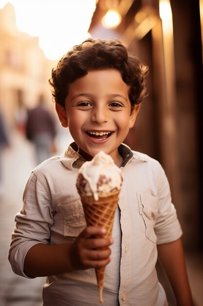 アイスクリームを持つ若い男の子の肖像画