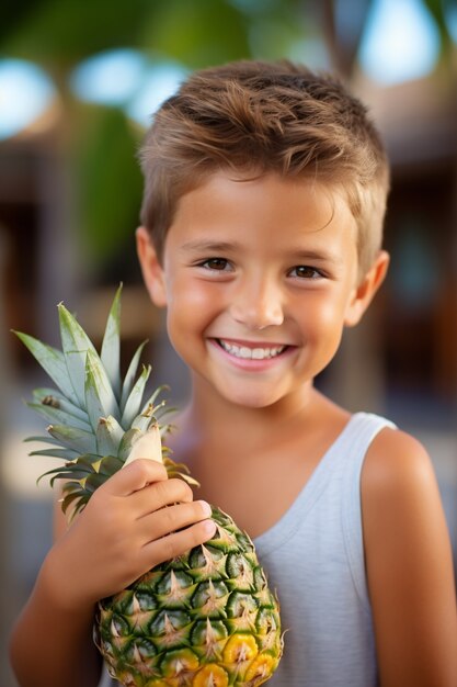 Portrait of young boy with pineapple