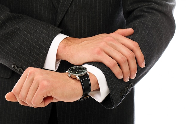 portrait of young businessman, hands close up