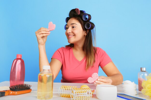 Portrait of young caucasian woman in her beauty day and skin care routine