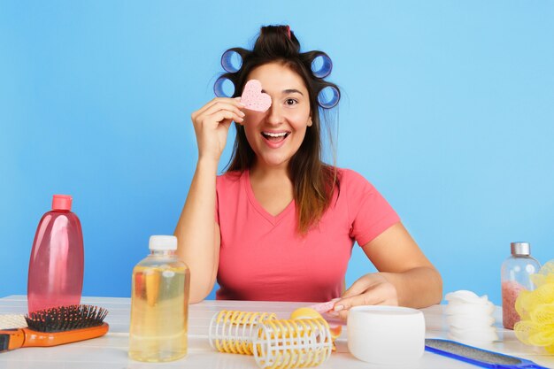 Portrait of young caucasian woman in her beauty day and skin care routine