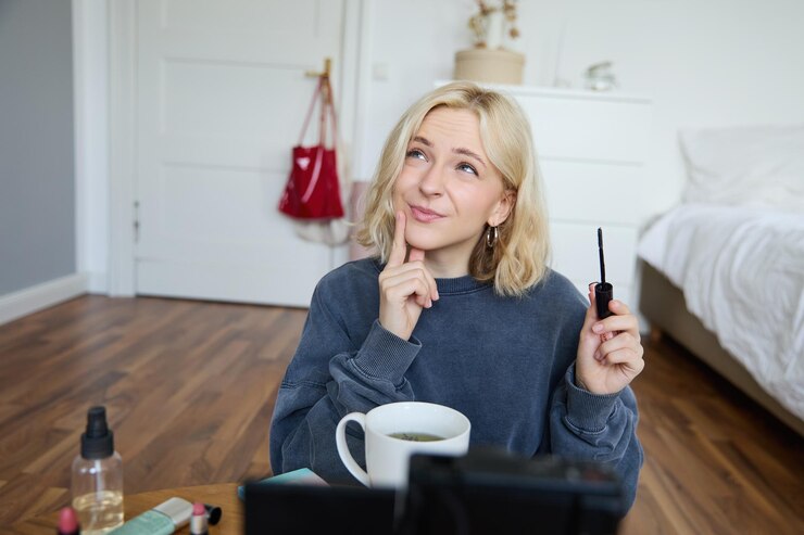Free Photo portrait of young charismatic woman girl records video while putting on makeup reviewing beauty