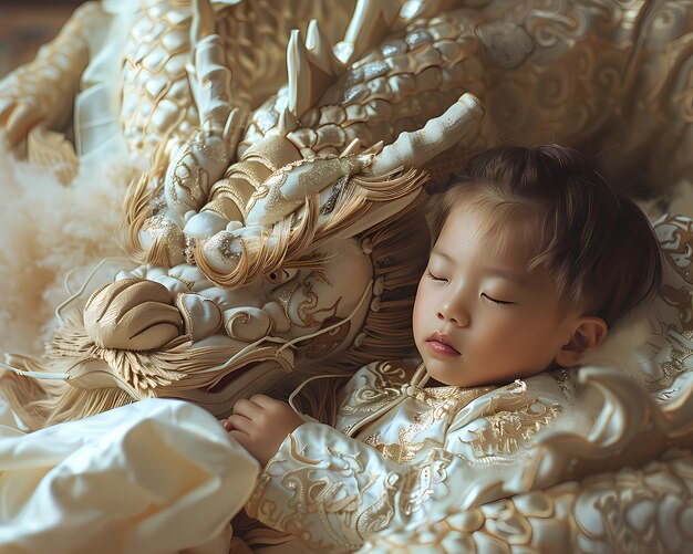 portrait of young child with surreal pet dragon