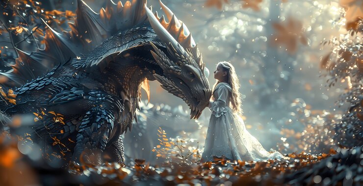 Free Photo portrait of young child with surreal pet dragon