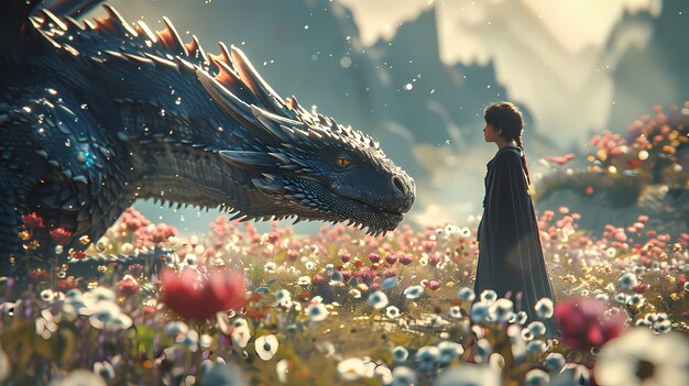 portrait of young child with surreal pet dragon