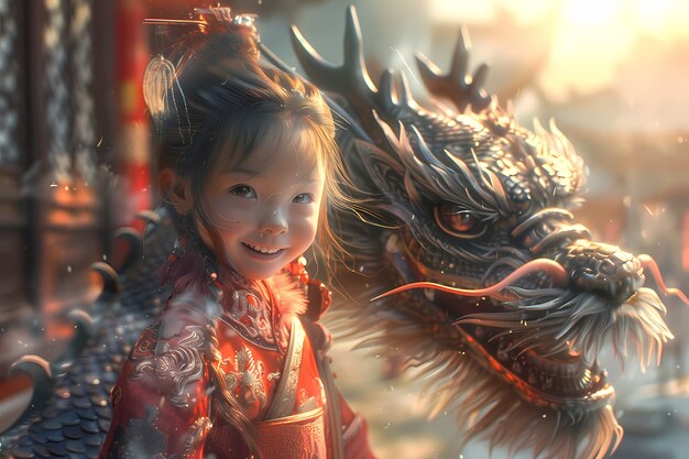 portrait of young child with surreal pet dragon