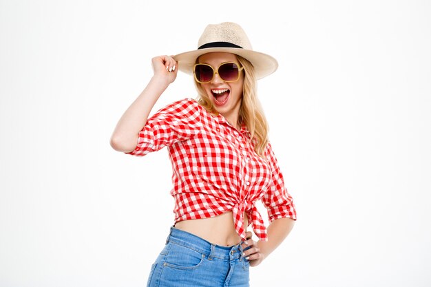 Portrait of young country woman  on white.