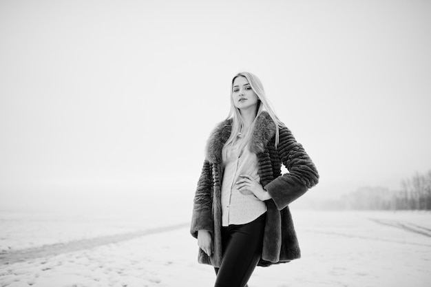 Portrait of young elegance blonde girl in a fur coat background foggy river on winter ice