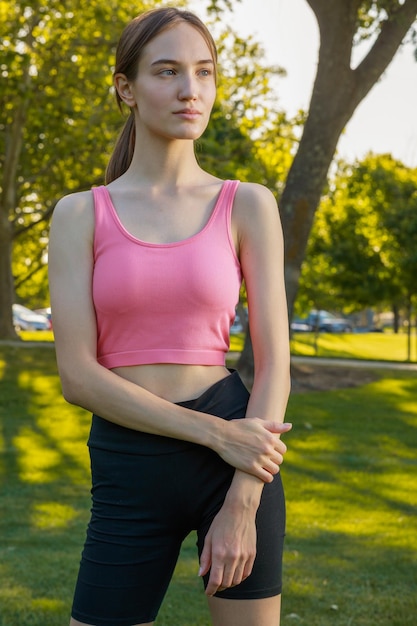 Портрет молодой подтянутой девушки, смотрящей в сторону парка
