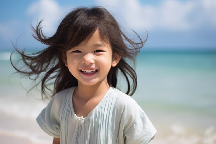 무료 Photo 해변 에 있는 어린 소녀 의 초상화