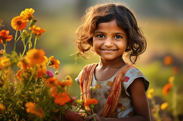 Portrait of young girl at the flowers field