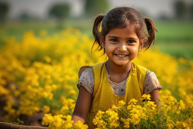 Portrait of young girl at the flowers field