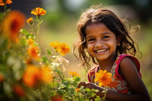 Portrait of young girl at the flowers field