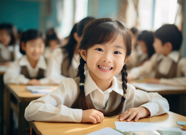 학교에 다니는 어린 소녀 학생의 초상화