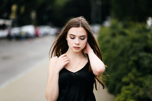 portrait of young girl walking and having fun