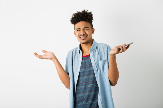 Portrait of young handsome black man on white